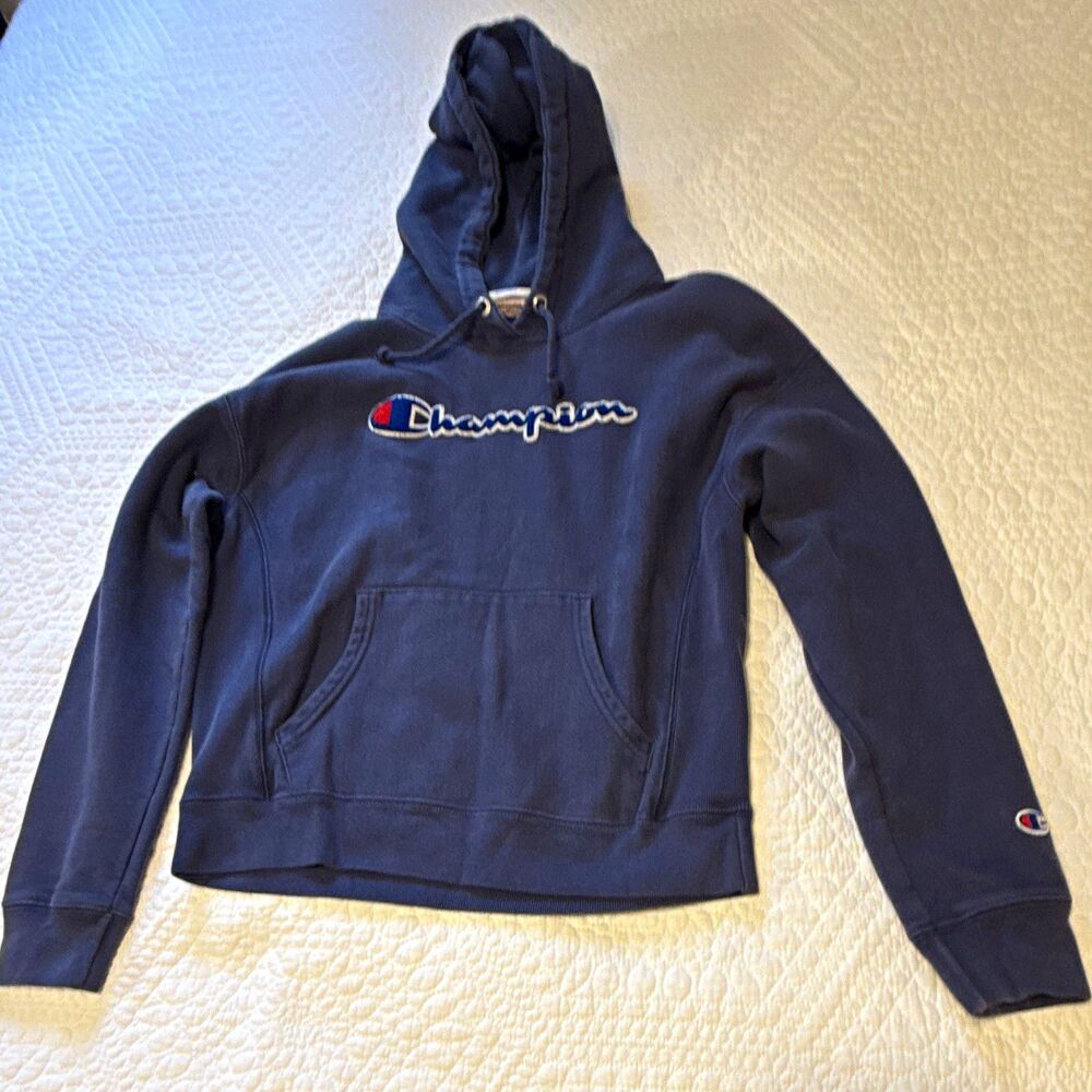 Champion Reverse Weave Women Blue Pullover Hoodie M Embroidered Logo Pockets